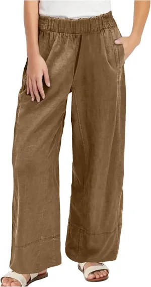 YRAETENM Women Cotton Linen Pants Casual Wide Leg Elastic Waisted Lounge Beach Trousers Travel Vacation Outfits with Pockets