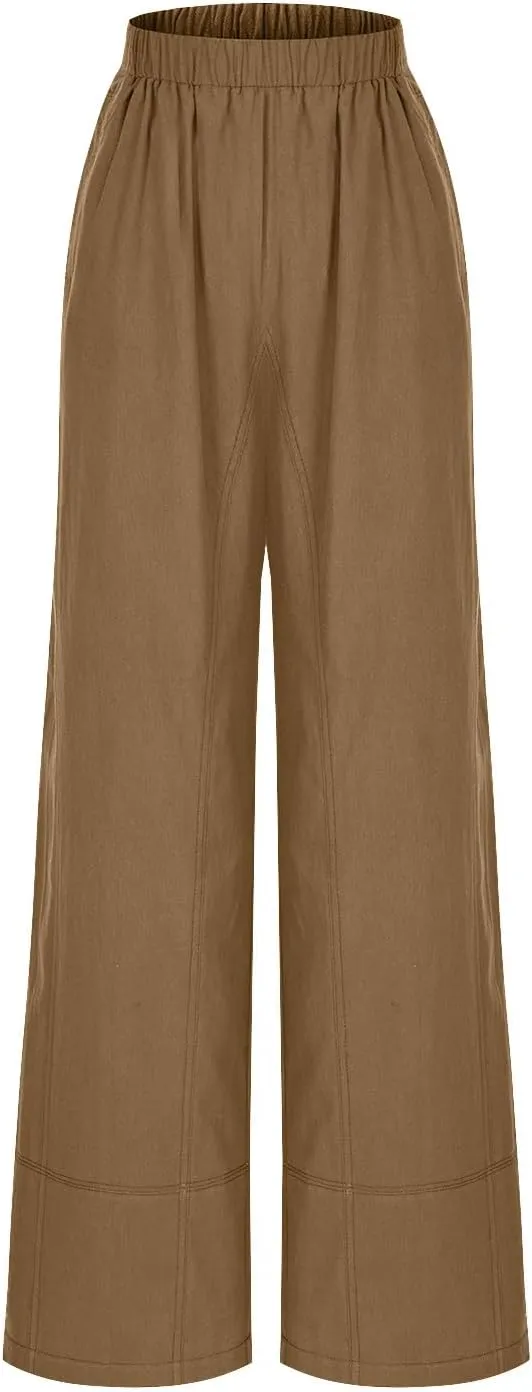 YRAETENM Women Cotton Linen Pants Casual Wide Leg Elastic Waisted Lounge Beach Trousers Travel Vacation Outfits with Pockets