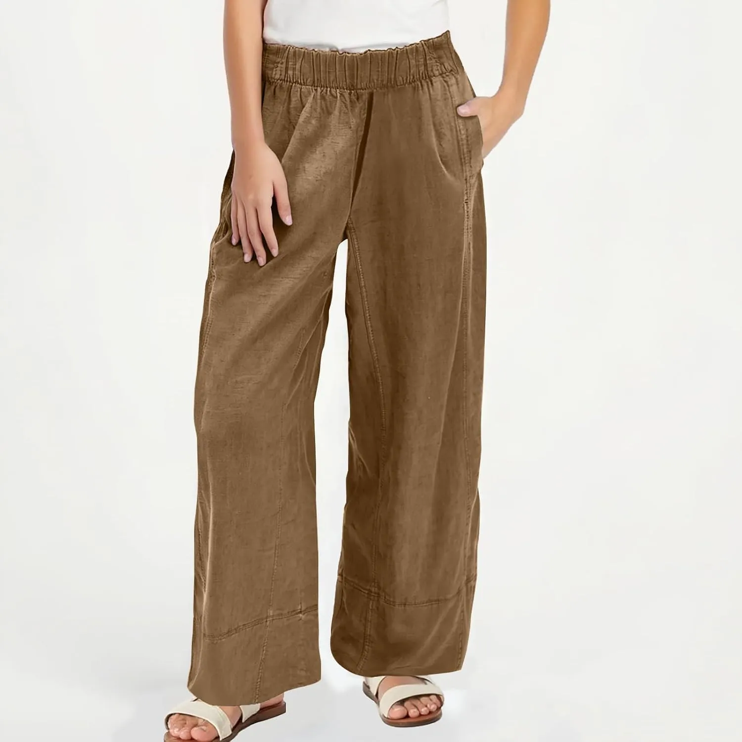 YRAETENM Women Cotton Linen Pants Casual Wide Leg Elastic Waisted Lounge Beach Trousers Travel Vacation Outfits with Pockets