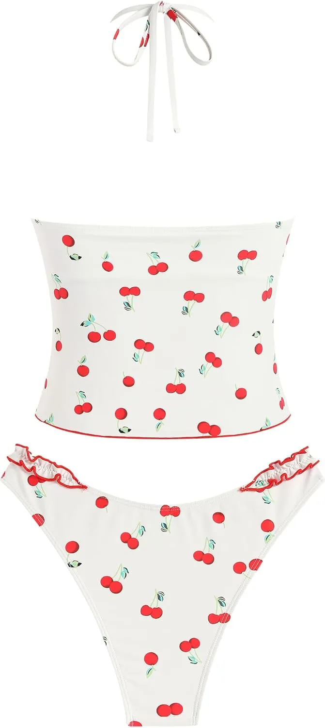 ZAFUL Tankini Swimsuits for Women Smocked Ruffles Tie Front Bowknot Textured High Cut Tanga Tankini Set