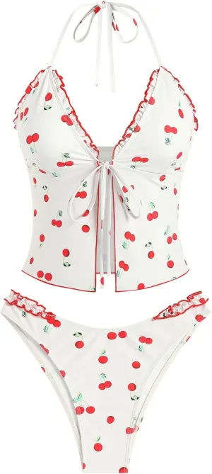 ZAFUL Tankini Swimsuits for Women Smocked Ruffles Tie Front Bowknot Textured High Cut Tanga Tankini Set