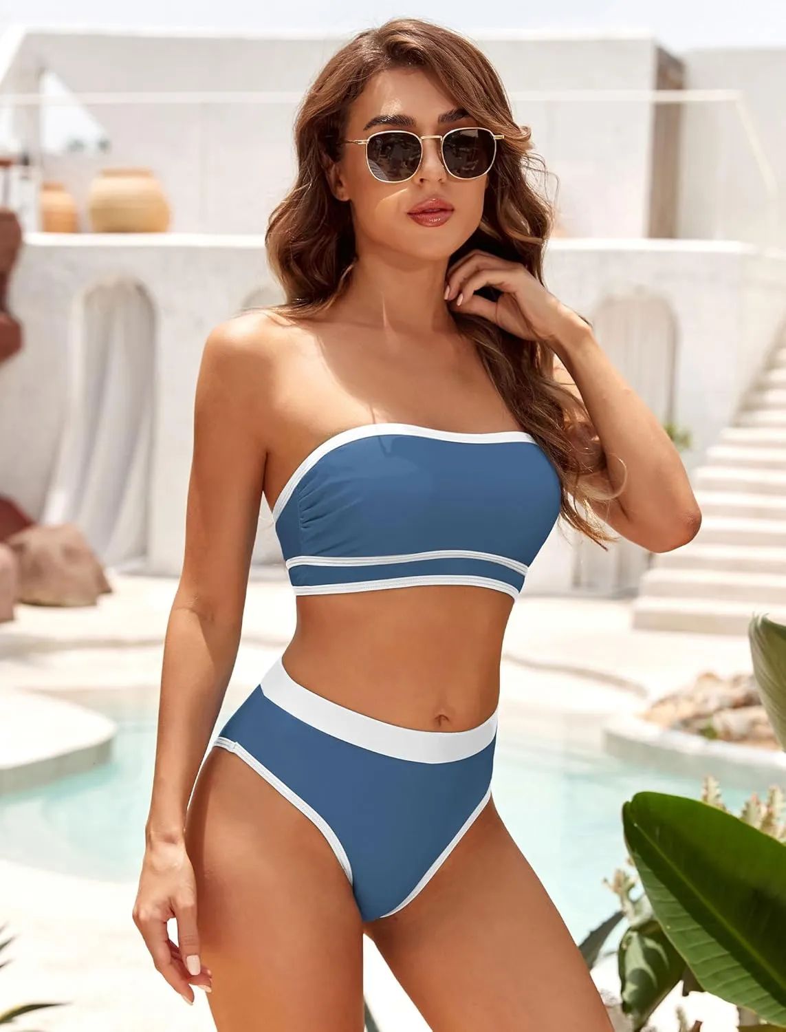 ZAFUL Women Strapless Color Block Bandeau Bikini High Waisted 2 Piece Swimwear Lace up Bathing Suits