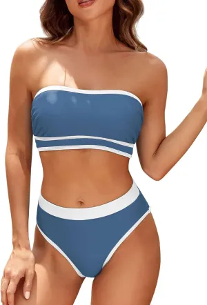 ZAFUL Women Strapless Color Block Bandeau Bikini High Waisted 2 Piece Swimwear Lace up Bathing Suits