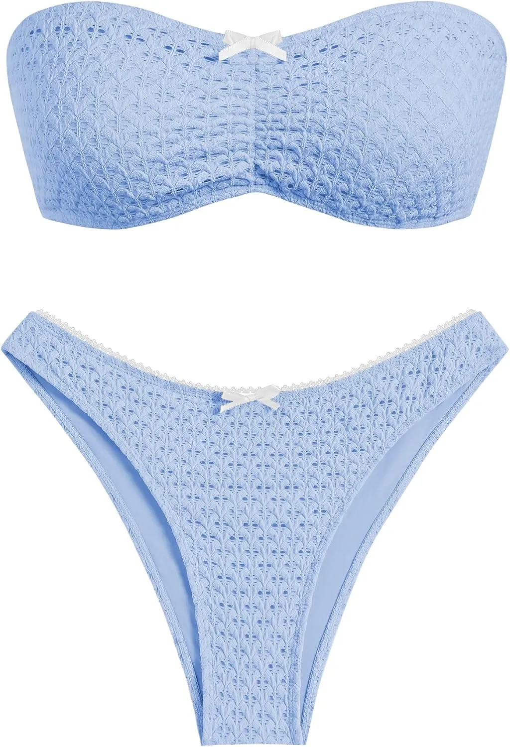 ZAFUL Women's Strapless Bikini Openwork Textured Bow Ruched Lace Up High Cut Bandeau Swimsuit Bathing Suits