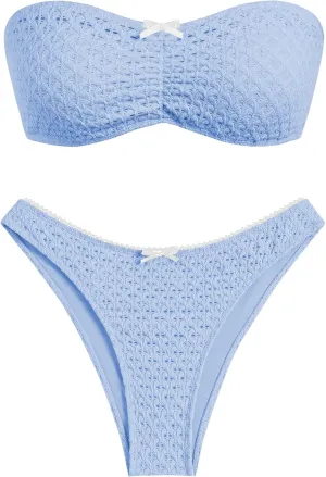 ZAFUL Women's Strapless Bikini Openwork Textured Bow Ruched Lace Up High Cut Bandeau Swimsuit Bathing Suits