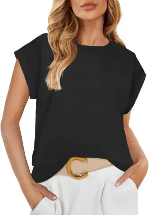 ZESICA Womens Summer Cap Sleeve Crewneck Tops Casual Loose Striped T-Shirts Basic Tees