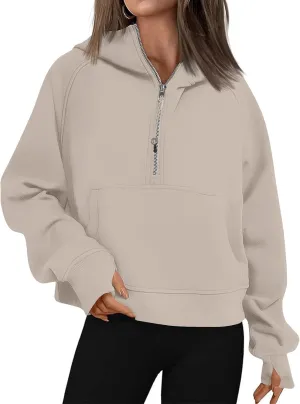 Zip Up Hoodie Women Fall Winter Sweatshirt Drop Shoulder Half Zip Pullover Sweaters Long Sleeve Tops With Pocket