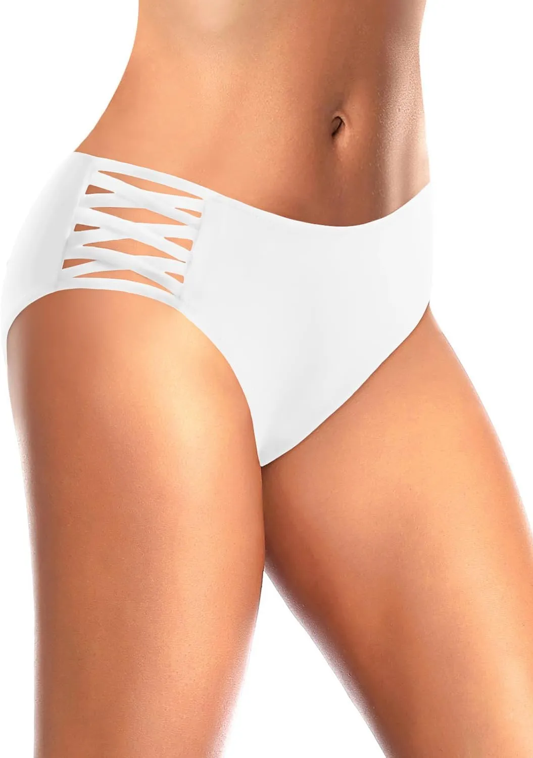 Zmart Strappy Bikini Bottoms - Women's Full Coverage Bathing Suit Mid Waist Swimsuit Bottom