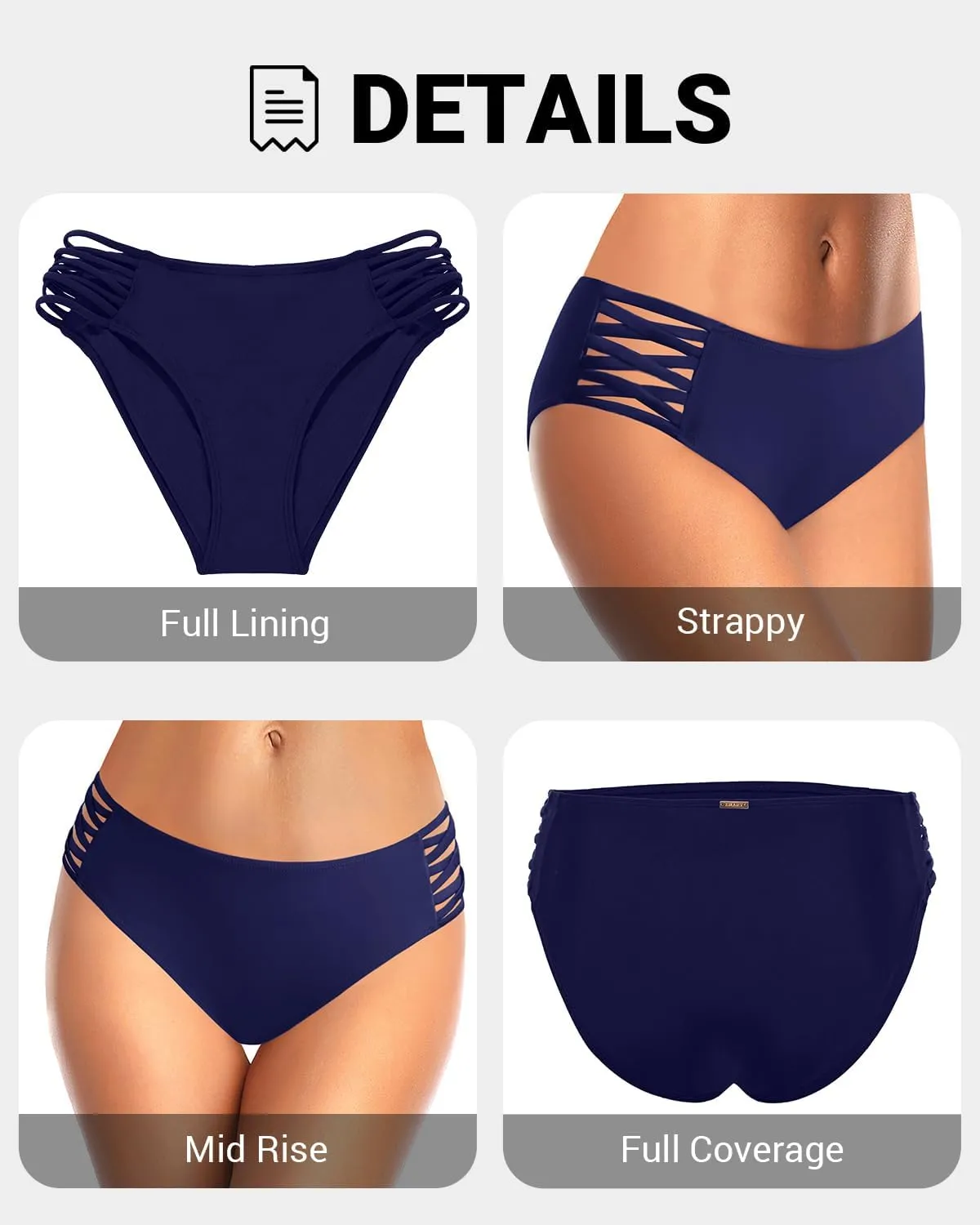 Zmart Strappy Bikini Bottoms - Women's Full Coverage Bathing Suit Mid Waist Swimsuit Bottom