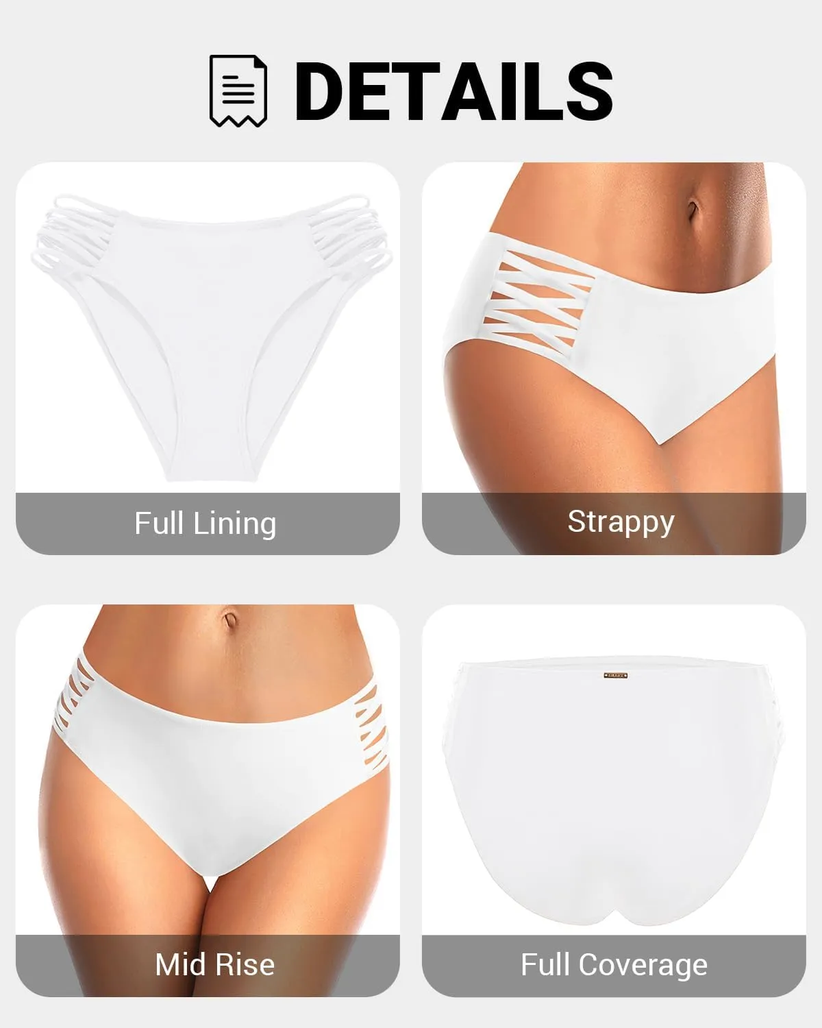 Zmart Strappy Bikini Bottoms - Women's Full Coverage Bathing Suit Mid Waist Swimsuit Bottom