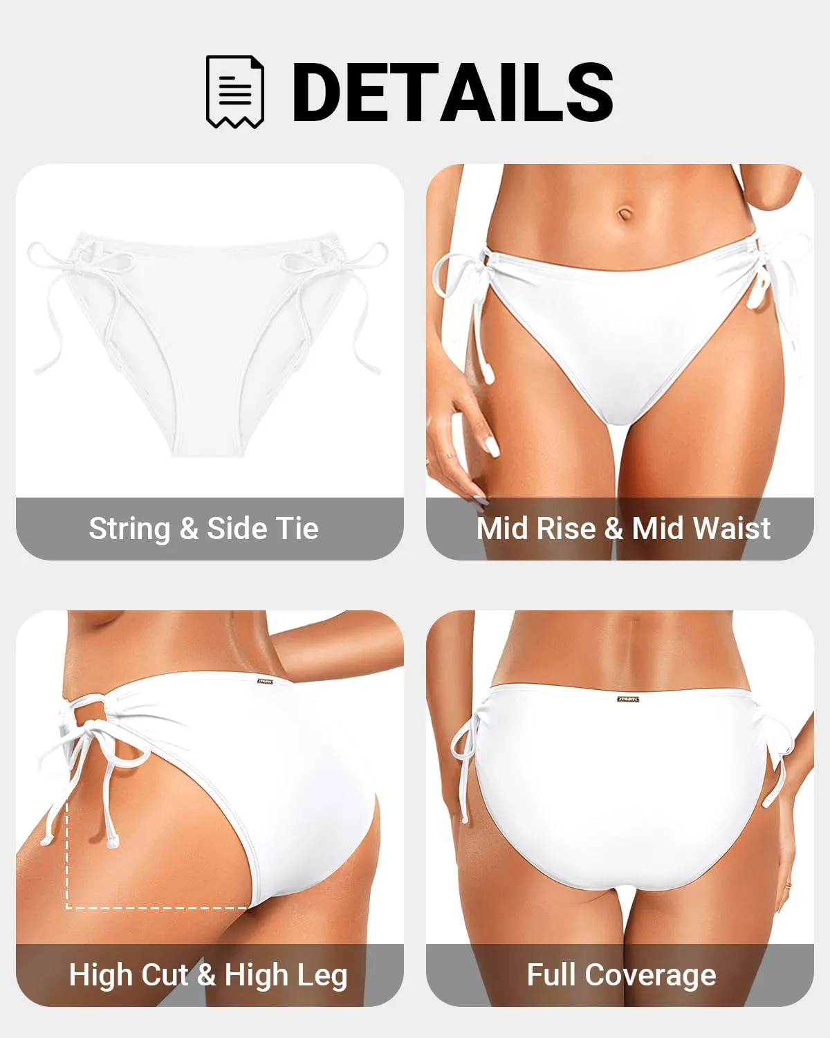 Zmart String Tie Side Bikini Bottoms - Women Full Coverage Swimsuit Bottom Mid Rise Mid Waist Swim Bathing Suit Bottom